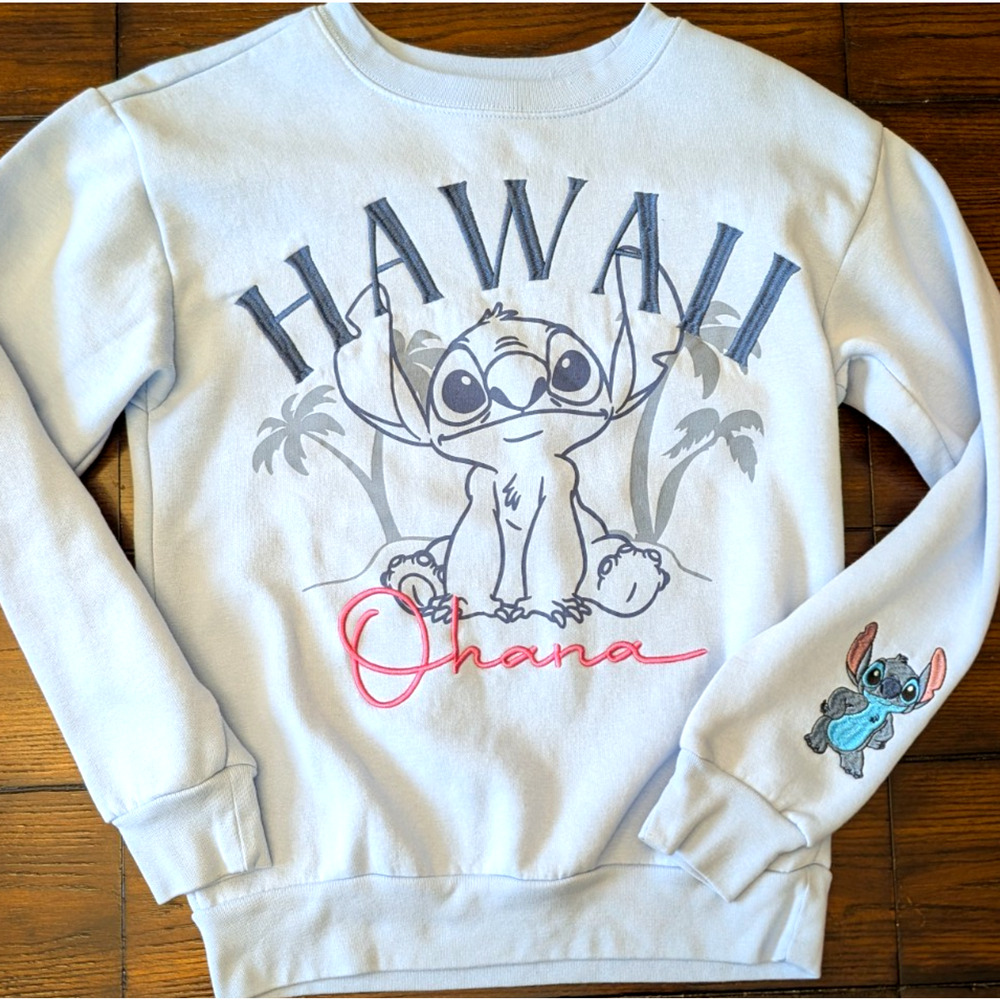 Disney Stitch Hawaii Ohana Sweatshirt Women Light Blue Crewneck Pullover XS